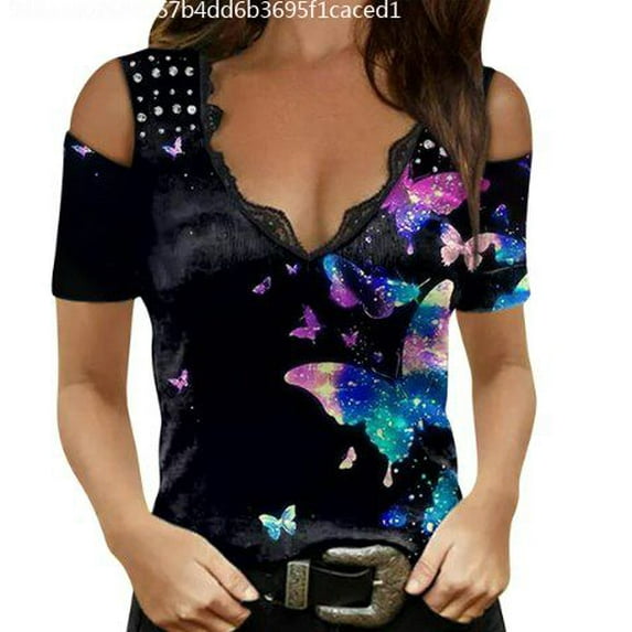 Jovati Women'S Top Sexy Low Cut V Neck Printed Off The Shoulder Long Sleeved Shirt Top