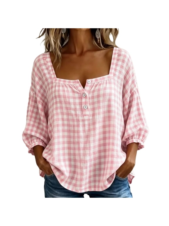 3/4 Sleeve Tops for Women - Casual Plaid Loose Fit Button Down Top, Trendy Grid Print Shirt, cute tops for Weekend Outings, Soft Fabric blouses for women.,Pink M