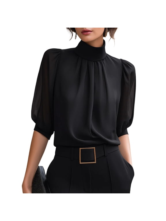 3/4 Sleeve Tops for Women - High Neck Mesh Puff Sleeve Sheer Tunic, cute summer tops for Office & Daily Wear, Lightweight Breathable blouses for women dressy casual.,Black S