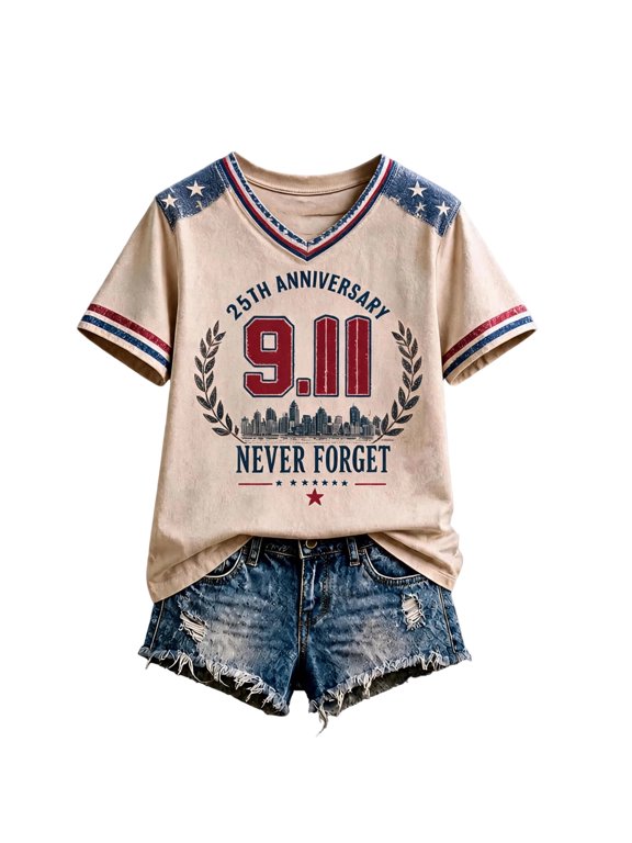 9/11 Memorial T Shirt Women Commemorative - Short Sleeve Round Neck, Never Forget 9/11 Tee Memorial Design, Patriot Day T Shirt for Casual Wear,Khaki M