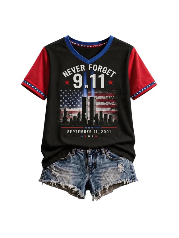 9/11 Memorial T Shirt Women Commemorative - Short Sleeve Round Neck, Never Forget 9/11 Tee Memorial Design, Patriot Day T Shirt for Casual Wear,Red 2XL