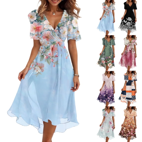 JoveMarine Casual Dresses for Women 2026 V Neck - Short Sleeve Ruffled Vintage Floral Print Midi Dress with Elastic Waist for Daily,Black L