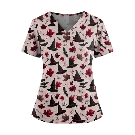 JoveMarine Halloween Printed Scrub Tops for Women, V Neck Short Sleeve Double Pocket Side Slit, Lightweight Nursing Uniform for Everyday,Red 3XL
