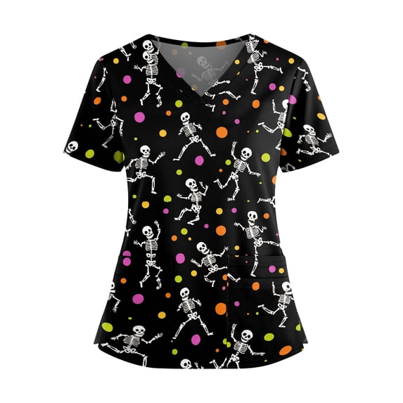 JoveMarine Halloween Scrub Tops for Women, V Neck Short Sleeve Double Pocket Side Slit Printed, Casual Nurse Uniform for Work,Black L