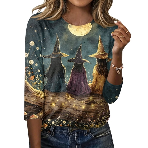 JoveMarine Halloween Shirts for Women, 3/4 Sleeve Crew Neck with Moon Bat Print, Loose Fit Fall Graphic Tee,Brown M
