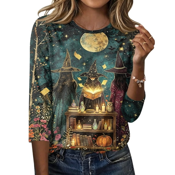 JoveMarine Halloween Shirts for Women, 3/4 Sleeve Crew Neck with Moon Bat Print, Loose Fit Fall Graphic Tee,Gold S