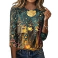 thumbnail image 1 of JoveMarine Halloween Shirts for Women, 3/4 Sleeve Crew Neck with Moon Bat Print, Loose Fit Fall Graphic Tee,Saffron S, 1 of 1