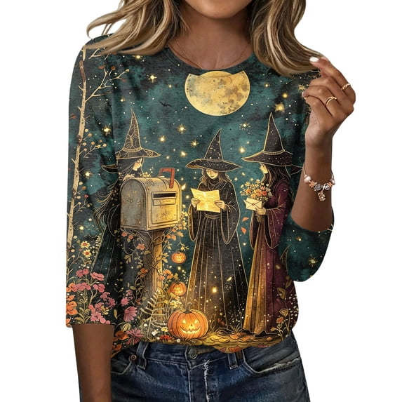 JoveMarine Halloween Shirts for Women, 3/4 Sleeve Crew Neck with Moon Bat Print, Loose Fit Fall Graphic Tee,Saffron S