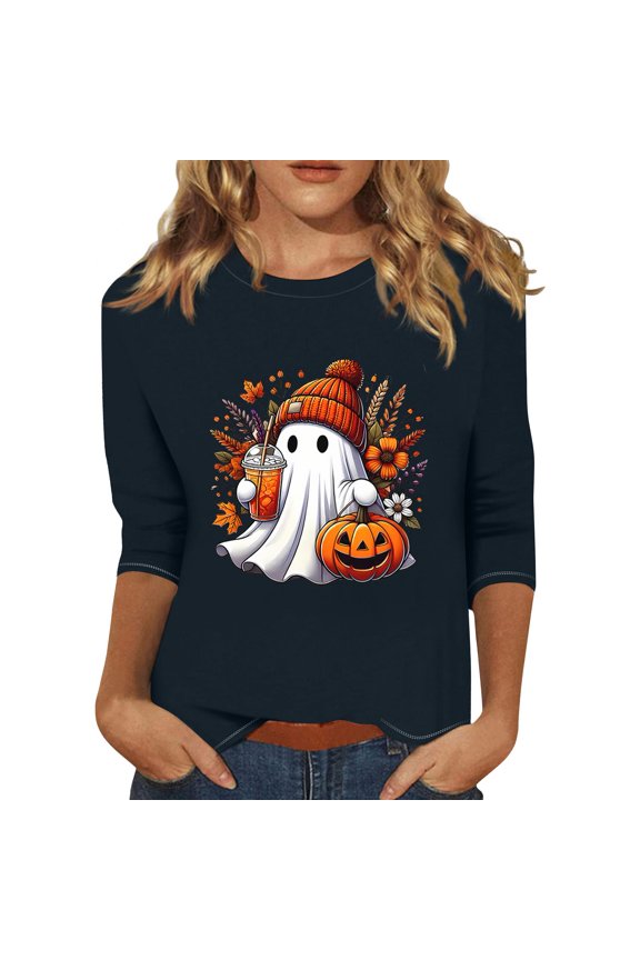 Halloween Tops for Women, 3/4 Sleeve Round Neck with Bat Moon Print, Casual Spooky Pullover,Navy S