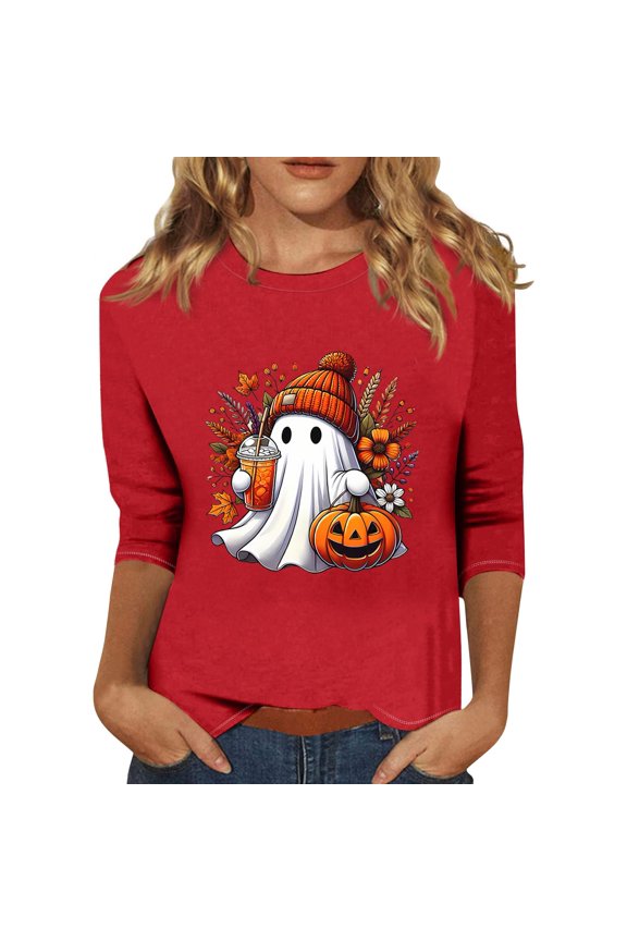 Halloween Tops for Women, 3/4 Sleeve Round Neck with Bat Moon Print, Casual Spooky Pullover,Red S