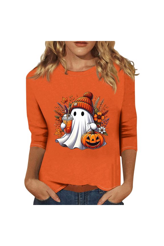 Halloween Tops for Women, 3/4 Sleeve Round Neck with Bat Moon Print, Casual Spooky Pullover,Saffron S