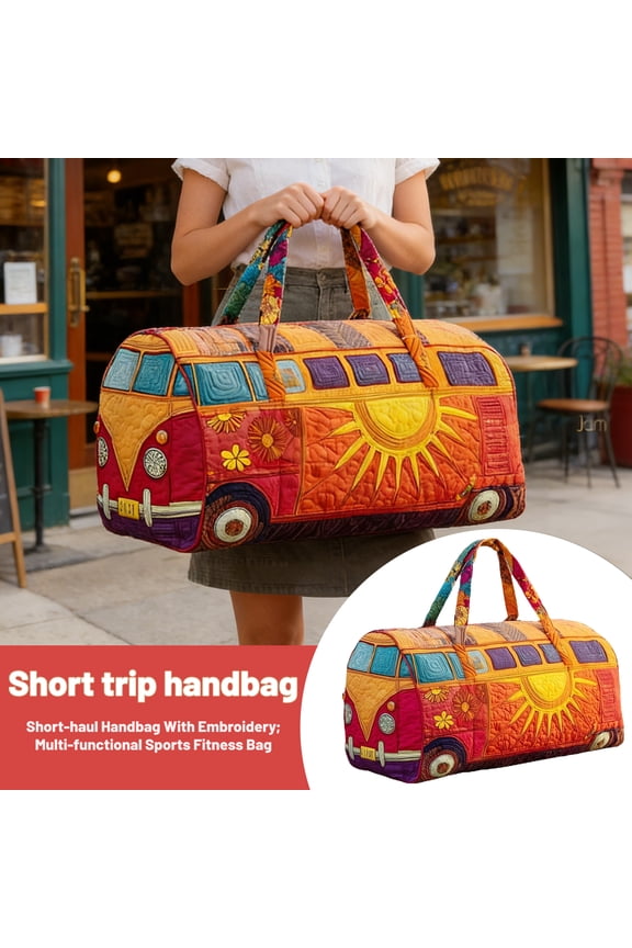 Hippie Van Quilted Duffle Bag Oil Painting Style Embroidered Short-Haul Travel Tote Bag Perfect for Travel and Picnic Occasions Women's Versatile Handbag with Artistic Design B