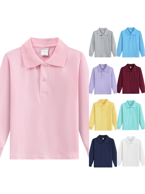 Kids Long Sleeve Cotton Polo Shirts - School Uniform with Collar, Undershirt Tee for Daily Wear,White 150