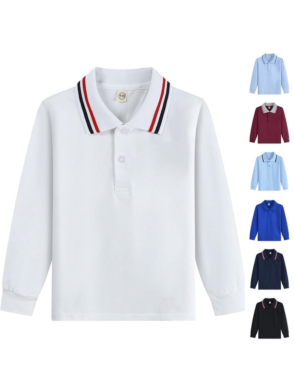 Kids Long Sleeve Cotton T Shirts - School Everyday Uniform with Fold Collar, Undershirt Tee,White 130