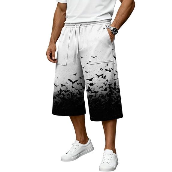 JoveMarine Men's Bermuda Cargo Shorts Halloween - Loose Work Shorts with Print & Pockets, Knee-Length Casual for Summer Fun,Blue 3XL