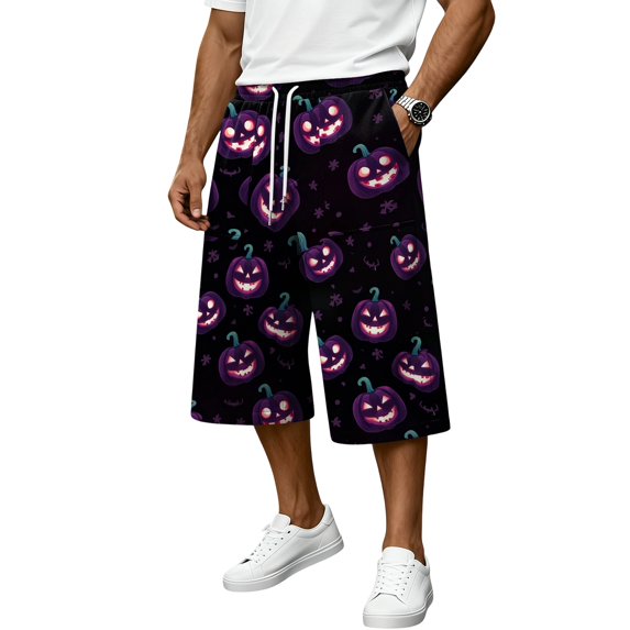 JoveMarine Men's Bermuda Cargo Shorts Halloween - Loose Work Shorts with Print & Pockets, Knee-Length Casual for Summer Fun,Gray M
