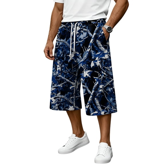 JoveMarine Men's Camo Drawstring Cargo Shorts - Plaid Work Shorts with Pockets, Knee-Length Loose Fit for Outdoor Daily,Blue 3XL