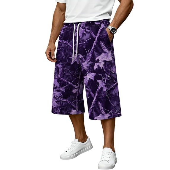 JoveMarine Men's Camo Drawstring Cargo Shorts - Plaid Work Shorts with Pockets, Knee-Length Loose Fit for Outdoor Daily,Purple 2XL