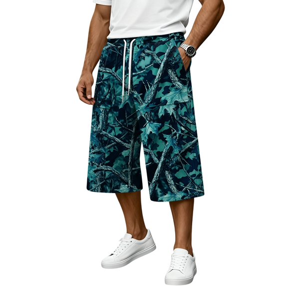 JoveMarine Men's Camo Drawstring Cargo Shorts - Plaid Work Shorts with Pockets, Knee-Length Loose Fit for Outdoor Daily,Sky Blue 2XL