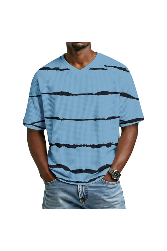 Men's Casual Striped Print Short Sleeve Shirt, Breathable Waffle Knit V-Neck Summer Top, Lightweight Textured Pattern for Everyday Casual and Outdoor Wear Wine M