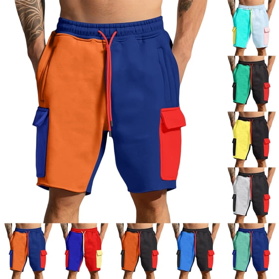 JoveMarine Men's Color-Block Casual Shorts, American Style 5-Pocket Design, Versatile Fashion Shorts for Daily, Beach and Summer Parties Black L