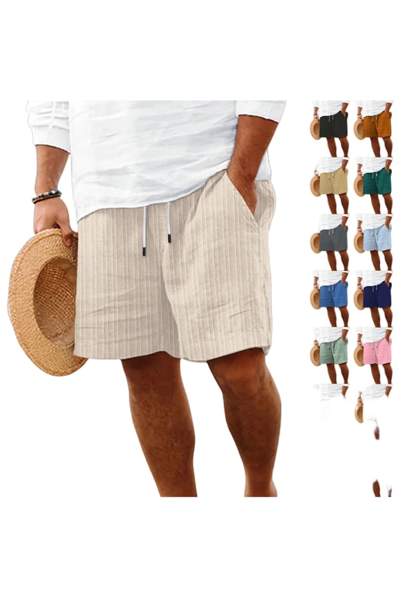 Men's Cotton-Linen Beach Shorts with Drawstring, Striped Jacquard Pattern, Breathable Lightweight Casual Shorts for Summer Vacation and Daily Black L