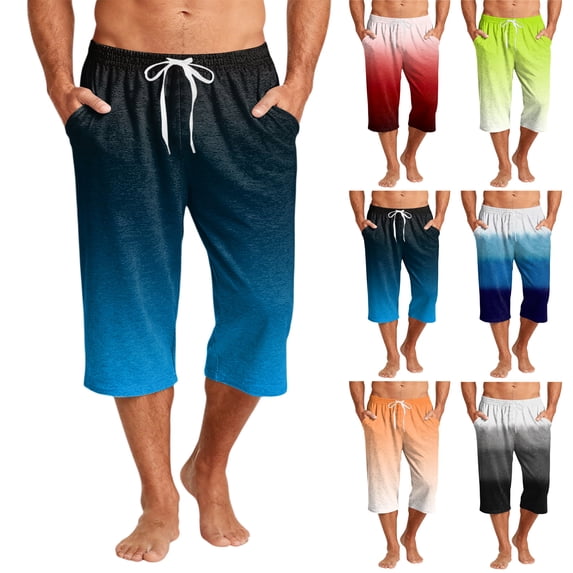 JoveMarine Men's Gradient Print Hawaiian Shorts with Drawstring, 7/8 Length Casual Beach Shorts for Summer Parties, Vacation and Daily Blue 2XL