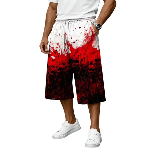 JoveMarine Men's Loose Fit Cargo Shorts Halloween - Work Shorts with Pockets & Print, Knee-Length Relaxed for Holiday & Daily,Red L