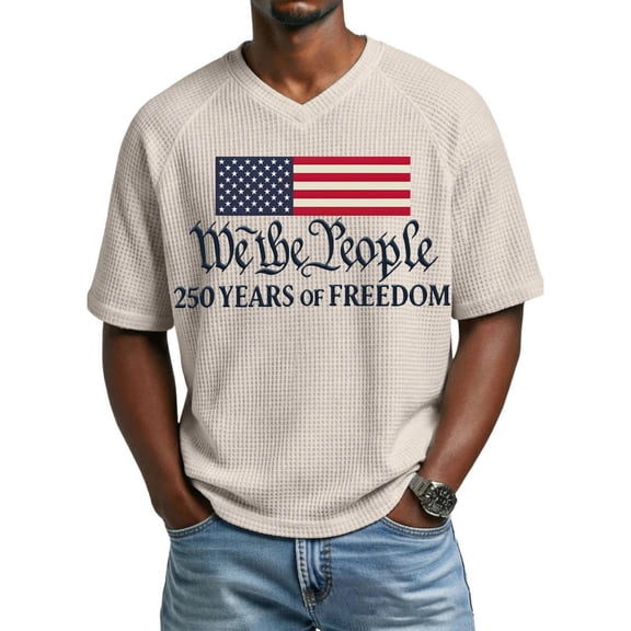 JoveMarine Men's Loose Fit Graphic T-Shirt, We The People Flag Print Short Sleeve Summer Top, Waffle Knit Casual Tee for Everyday Wear and Patriotic Celebrations Beige M