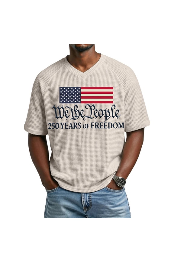Men's Loose Fit Graphic T-Shirt, We The People Flag Print Short Sleeve Summer Top, Waffle Knit Casual Tee for Everyday Wear and Patriotic Celebrations Black M