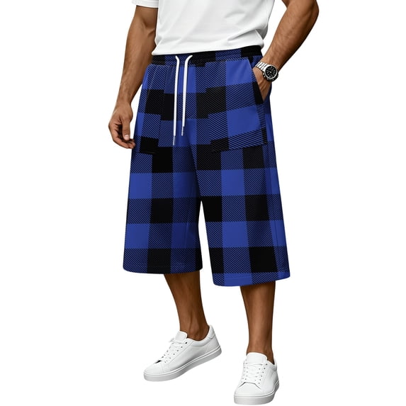 JoveMarine Men's Plaid Cargo Shorts Loose - Summer Work Shorts with Multiple Pockets, Knee-Length Relaxed Fit for Daily Wear,Blue L
