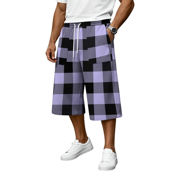 JoveMarine Men's Plaid Cargo Shorts Loose - Summer Work Shorts with Multiple Pockets, Knee-Length Relaxed Fit for Daily Wear,Purple L