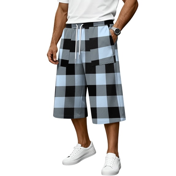 JoveMarine Men's Plaid Cargo Shorts Loose - Summer Work Shorts with Multiple Pockets, Knee-Length Relaxed Fit for Daily Wear,Sky Blue XL