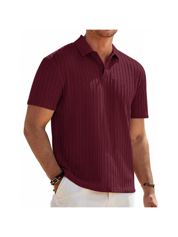 Men's Snake Pattern Stretchy Knit Short Sleeve Polo Shirts - Slim Fit Textured Pullover, Casual Summer Tee for Men,Wine S