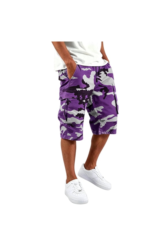 Mens Cargo Shorts , Camouflage Multi Pockets Drawstring Waist Casual Summer Shorts , Outdoor Lightweight Bottoms,Purple S
