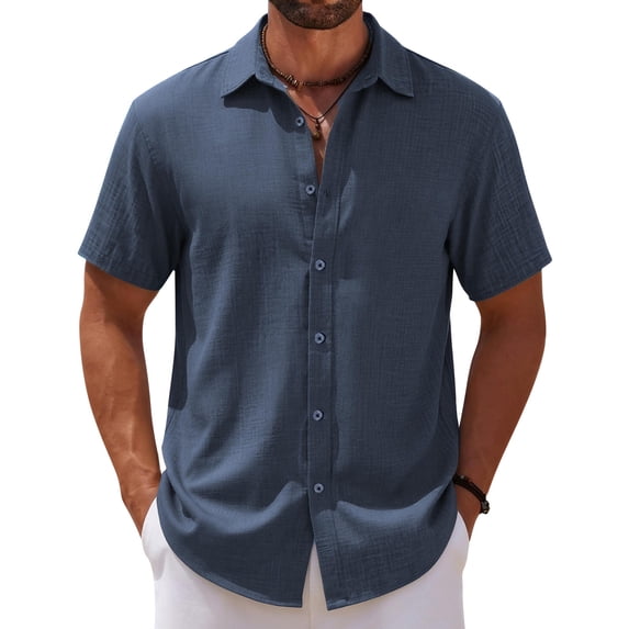 JoveMarine Mens Short Sleeve Button Down Shirts Breathable Fabric Casual Everyday Comfort Top,Dark Blue L