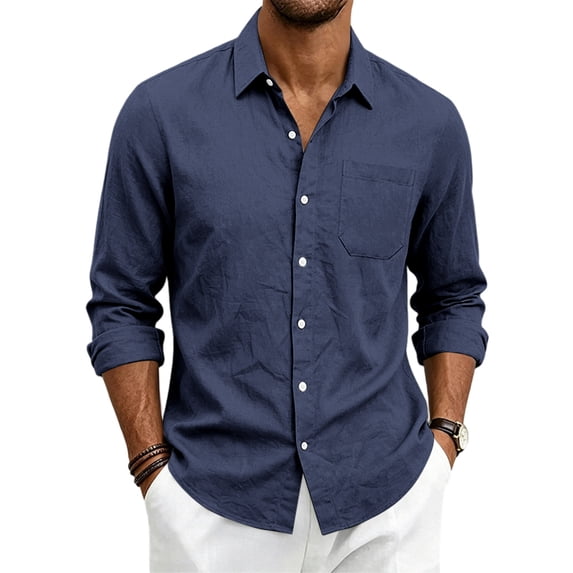 JoveMarine Mens Short Sleeve Button Down Shirts Linen Long Sleeve with Single Pocket Casual Spring Fall Top,Navy 3XL