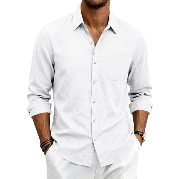 JoveMarine Mens Short Sleeve Button Down Shirts Linen Long Sleeve with Single Pocket Casual Spring Fall Top,White M