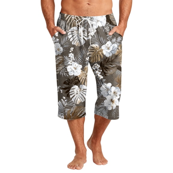 JoveMarine Mens Swim Trunks Men's Casual Hawaiian Print Drawstring Cropped Capri Pants Resort Print Swim Trunks with Elastic Waist Summer Beach Shorts for Vacation Spring Travel ,Dark Gray L