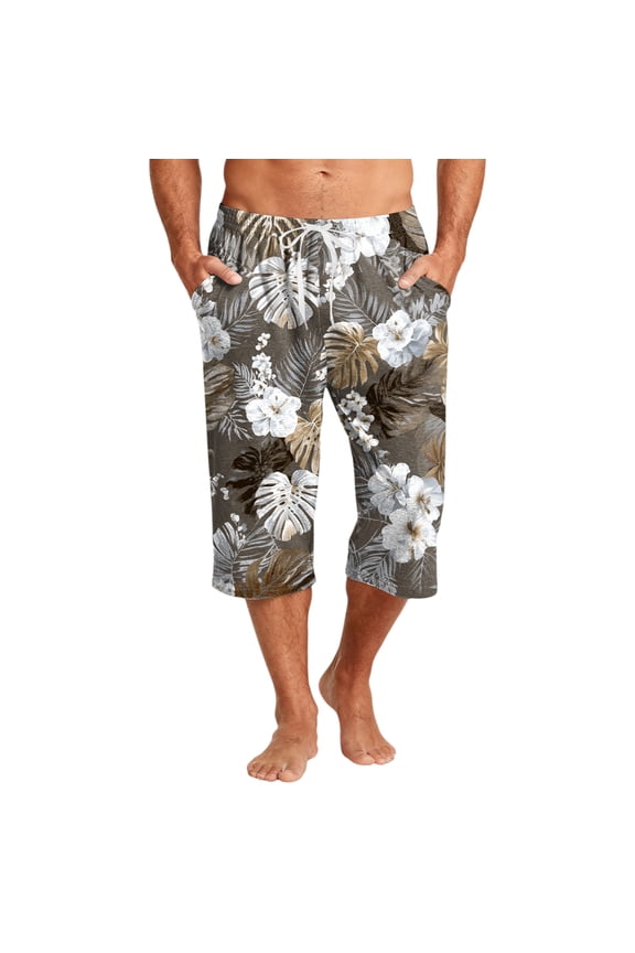 Mens Swim Trunks Men's Casual Hawaiian Print Drawstring Cropped Capri Pants Resort Print Swim Trunks with Elastic Waist Summer Beach Shorts for Vacation Spring Travel ,Dark Gray L