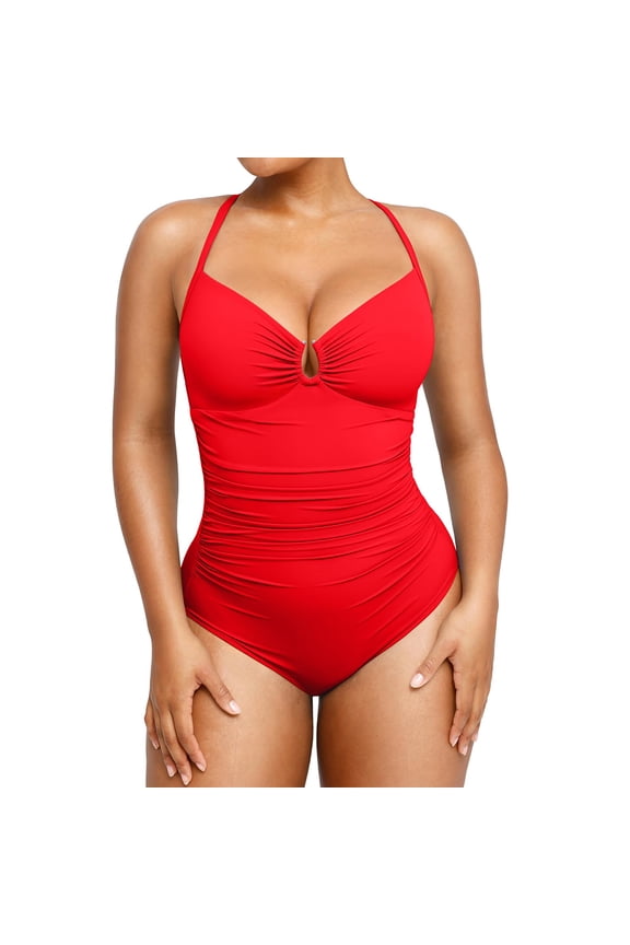 One Piece Swimsuit for Women Fashionable with Padded Cups Underwire Free Slimming Flattering Swimwear,Red XL