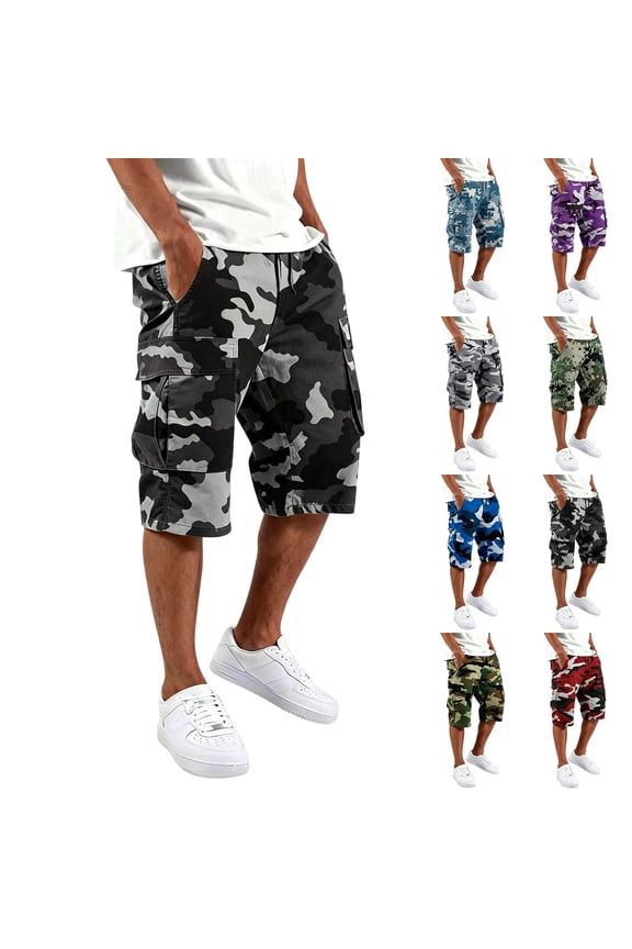 Outdoor Summer Mens Camouflage Cargo Shorts Multi Pockets Drawstring Waist Lightweight for Hiking,Army Green S