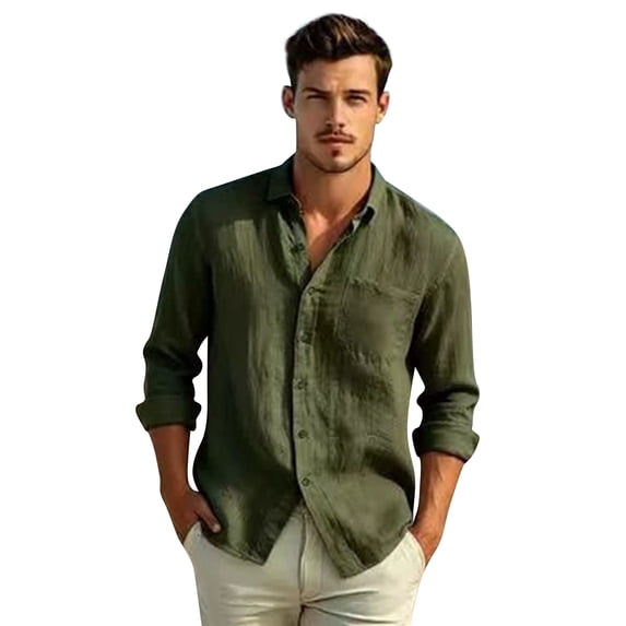 JoveMarine Polo Shirts for Men Long Sleeve Button Down Cotton Linen Casual Front Button Closure Solid Color,Army Green L