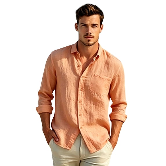 JoveMarine Polo Shirts for Men Long Sleeve Button Down Cotton Linen Casual Front Button Closure Solid Color,Saffron M