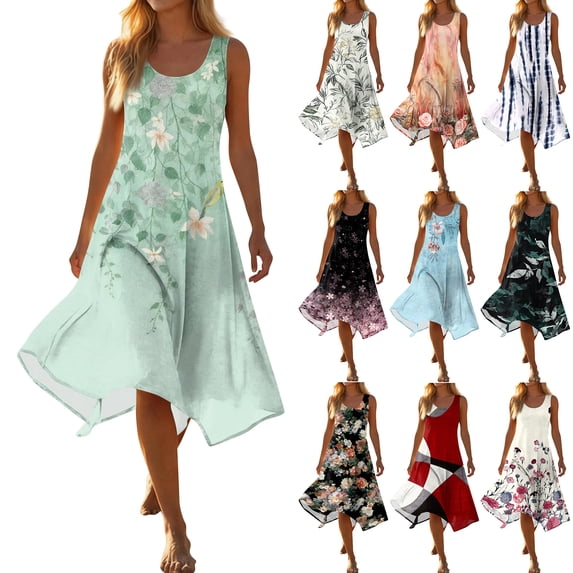 JoveMarine Summer Dress for Women Round Neck Sleeveless - Irregular Hem with Floral Print, Casual Fashion Midi Dress for Daily Chic,Blue 2XL