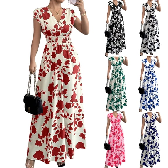 JoveMarine Summer Dresses for Women 2026 Floral - Print V-Neck Long Waist Cinching Flowy Maxi Dress with Elastic Back for Beach Resort,Pink 2XL