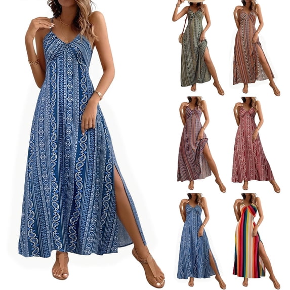 JoveMarine Summer Dresses for Women Sexy V-Neck - Strap Sleeveless Retro Floral Printed Beach Split Maxi Dress with Tie Side Detail,Yellow L