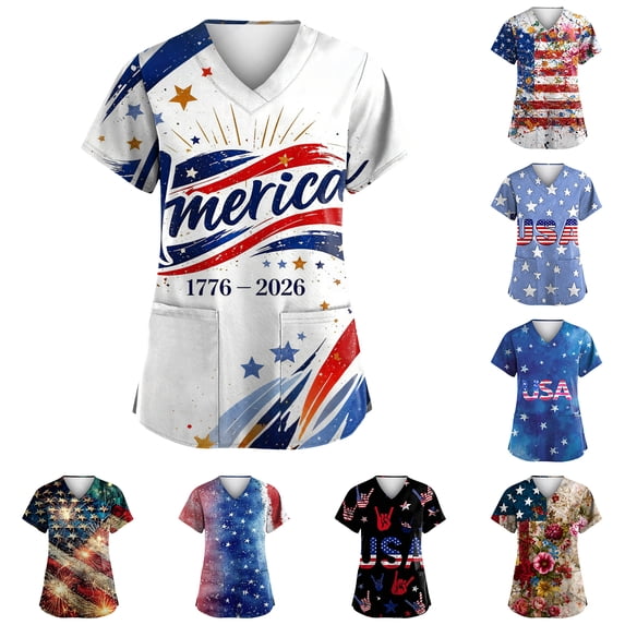 JoveMarine Summer Tops for Women 4th of July - V-Neck Workwear Short Sleeve with Pockets for Caregiver Uniform Daily Summer Shift and Party,Dark Blue S