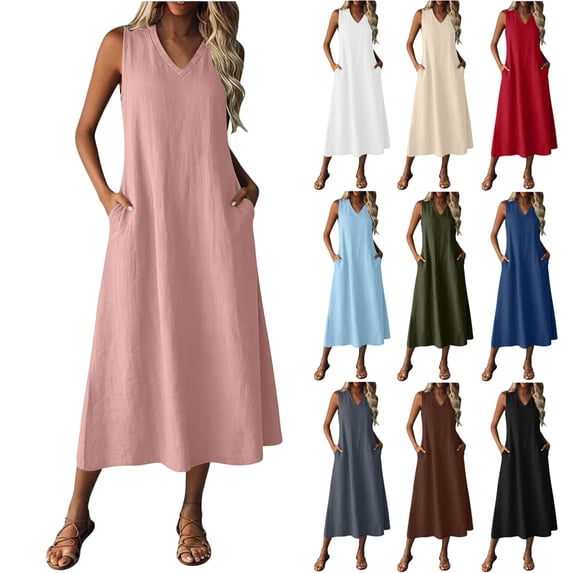 JoveMarine Sundresses for Women Plain Sleeveless V-Neck - Midi Length with Pockets and Zip Up, Lightweight Summer Dress for Work and Beach,Army Green L