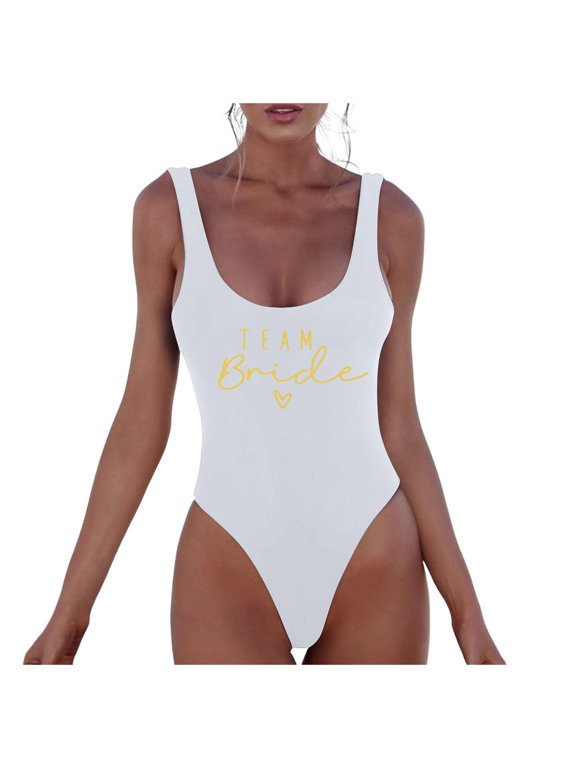 Swimsuit for Women Team Bride One Piece Swimsuit Wedding Party Beach Bathing Suit Cotton Soft Summer Swimwear,White XL
